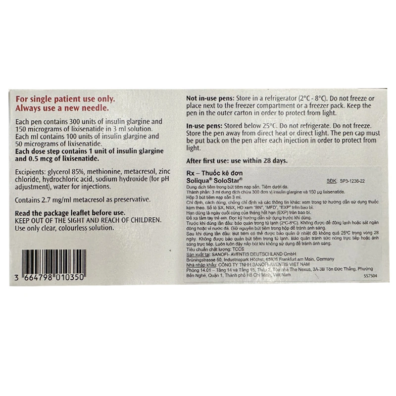 Bút tiêm Soliqua Solostar điều trị đái tháo đường (3 cây x 3ml) - 2